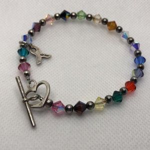 Bracelet 925 with Breast Cancer Ribbon and Heart. Sparkly!